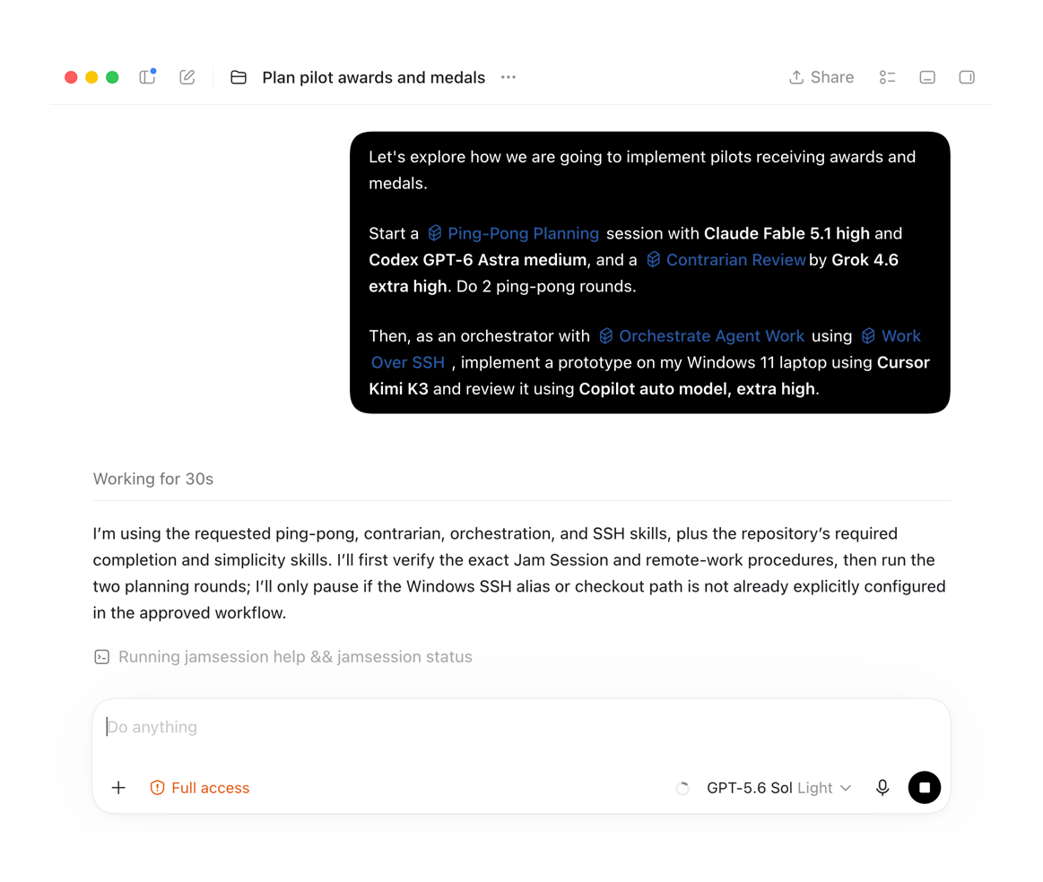 A coding agent using Jam Session skills to plan awards and medals with Claude, Codex, and Grok, then orchestrate implementation on another computer over SSH.